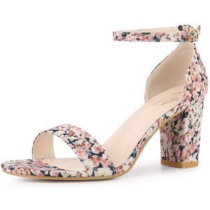 Floral Printed Open Toe Ankle Strap Chunky Heel Sandals Blue Bink Flower
